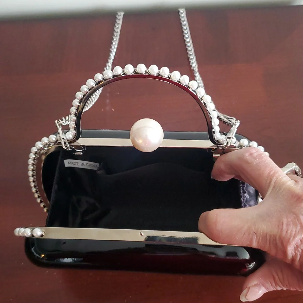 AQUA Black Patent Faux Pearl Box Clutch Purse